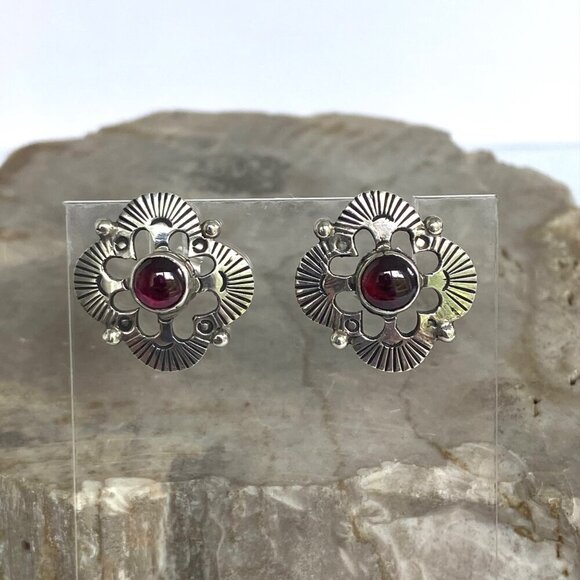 Sterling Silver 925 Garnet Cabochon Southwest Style Stamped Stud Earrings - Picture 12 of 16